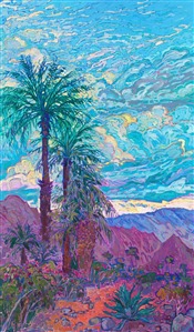The La Quinta Cove is nestled high in the mountain foothills near Palm Springs, California. The desert landscape turns beautiful hues of blue, purple, and ochre when the sun begins settings. This painting captures the changing colors of late afternoon with thick, impressionistic brush strokes and vivid, un-muddied color.

"La Quinta Sky" is an original oil painting on stretched canvas. The piece arrives framed in a contemporary silver floater frame, ready to hang.