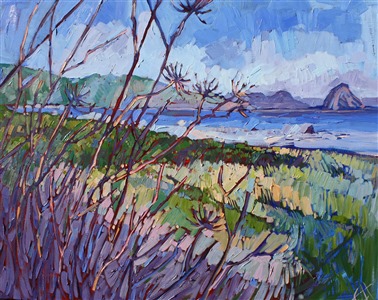 Pastel colors capture the California landscape near Big Sur. The freedom and boldness of the brushwork expresses the artist's deep love for this landscape.