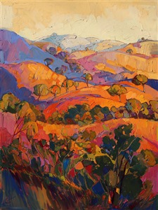 Paso Robles is painted here is brilliant saturated color, capturing the rich summer colors of the rolling hills and oaks of central California's premier wine country. The impasto brush strokes are thick and expressive, full of lively energy and texture.