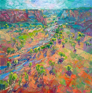 Standing on the rim of Canyon de Chelly at daybreak, the light is so magical, bringing the canyon floor suddenly out of its pre-dawn gloom with a rainbow burst of color.  The cottonwoods are green with spring, the fields lush with recent rains.

This painting was created on a gallery-depth canvas with the painting continued around the edges. The painting will arrive in a beautiful hardwood floater frame, ready to hang.

<a href="https://www.erinhanson.com/Blog?p=behind-the-art-canyon-color">Read more about this painting here!</a>

Exhibited: St George Art Museum, Utah, in a solo exhibition celebrating the National Park's centennial: <i><a href="https://www.erinhanson.com/Event/ErinHansonMuseumShow2016" target="_blank">Erin Hanson's Painted Parks</a></i>, 2016.