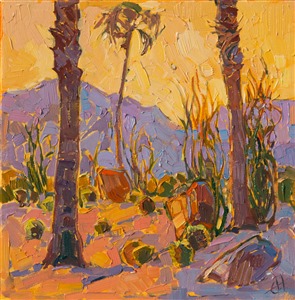 Amber golden light spills onto this California desert landscape. The soft lavender shadows are cool against the early warmth of dawn. The impressionistic brush strokes are loose and painterly, alive with vivid color and natural motion.

This painting was done on 3/4"-deep stretched canvas. It has been framed in a classic plein air frame. Read more about the <a href="https://www.erinhanson.com/Blog?p=AboutErinHanson" target="_blank">painting's details here.</a>
