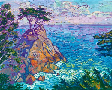 The iconic cypress tree on 17-Mile Drive in Pebble Beach, California, is captured here in vibrant colors and thickly applied, impressionistic brush strokes.