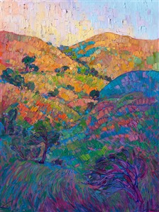 Layers of oak-laden hills pile on top of each other, reaching into the warm sun, shaking their cool dew-covered slumber. Thick brush strokes tumble from the canvas, each stroke a spontaneous capture of time and color. This mosaic of vivid texture brings California wine country to life in a whole new style. 

This painting was created on museum-depth canvas, with the painting continued around the edges of the stretched canvas. It arrives ready to hang without a frame. (Please contact the artist if you would like information on framing options for this painting.)