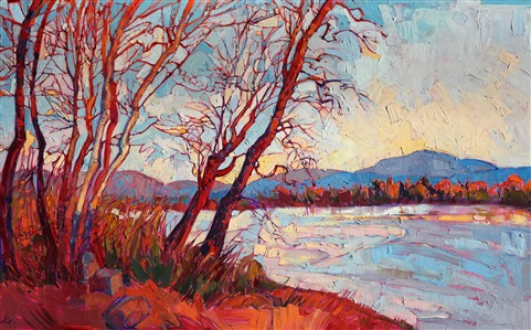 Lakeside Montana trees bask in the late afternoon light, waiting for spring.  Impasto brush strokes move within the landscape, creating a bold mosaic of color and light.