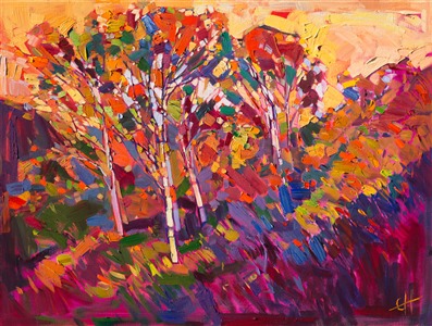 An expressionist burst of color, this painting was inspired by striking sunset colors hitting a grove of eucalyptus trees.  Each brush stroke is applied with vivacity and motion, forming a beautiful harmony of color.

This painting was created on a gallery-depth canvas with the painting continued around the edges. The painting will arrive in a beautiful hardwood floater frame, ready to hang. The second photograph above shows how the piece looks hanging in gallery spot lighting.