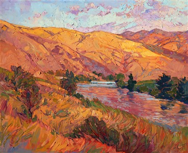Sunset rays drench this summer countryside in rich, golden hues of buttercream and caramel. A cool river runs through the hills, the colorful reflections glittering on its rippling surface. Thick brush strokes and a confident stroke capture the movement and freshness of the outdoors.