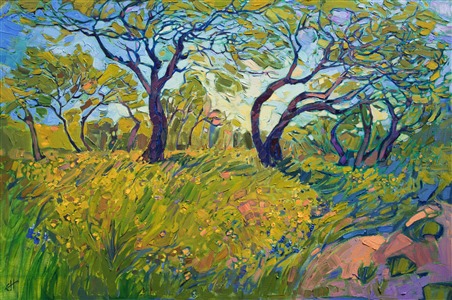 This painting was included in the exhibition <i><a href="https://www.erinhanson.com/Event/ContemporaryImpressionismatGoddardCenter" target="_blank">Open Impressionism: The Works of Erin Hanson</i></a>, a 10-year retrospective and study of the development of Open Impressionism. 

About the Painting:
This contemporary impressionism painting of Texas Hill Country captures the spring green colors of the landscape near Austin.  The bending branches cut abstract shapes of light into the sky, giving an impression like stained glass.  The thick, impasto brush strokes are lively and full of expression.

This painting was done on 1-1/2" deep canvas, with the painting continued around the edges for a finished look.