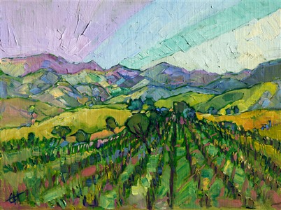 Paso Robles wine country comes alive in a vivid color palette and a modern touch of impressionism.  Each brush stroke is carefully applied to participate in the overall effect and composition of the painting.