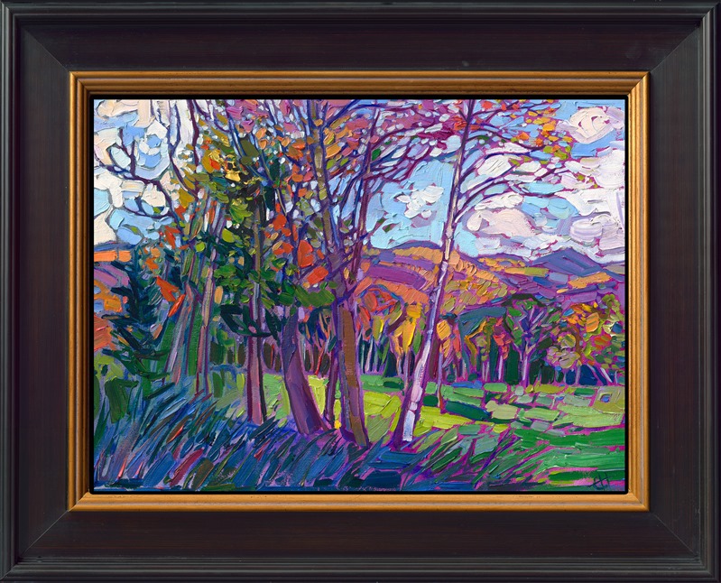 This painting of green, open fields and autumn-colored trees captures the essence of New England in October. Thick, expressive brush strokes re-create a sense of movement and changing light within the painting.</p><p>"New England" is an original oil painting on linen board. The piece arrives framed in a plein air frame, ready to hang.