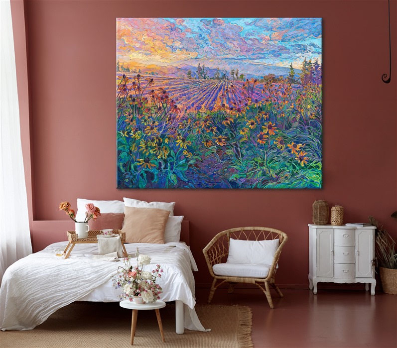 This painting was inspired by a patch of vibrant yellow flowers growing in a field outside my house. The warm colors of late afternoon add a layer of gilding to the landscape, bathing it in a wash of golden light. The painting was created in Erin Hanson's signature Open Impressionism style, with brush strokes laid side-by-side, without layering, creating a painterly and highly textured oil painting.