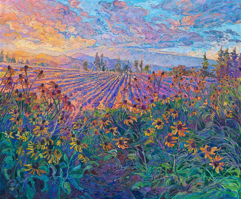 This painting was inspired by a patch of vibrant yellow flowers growing in a field outside my house. The warm colors of late afternoon add a layer of gilding to the landscape, bathing it in a wash of golden light. The painting was created in Erin Hanson's signature Open Impressionism style, with brush strokes laid side-by-side, without layering, creating a painterly and highly textured oil painting.