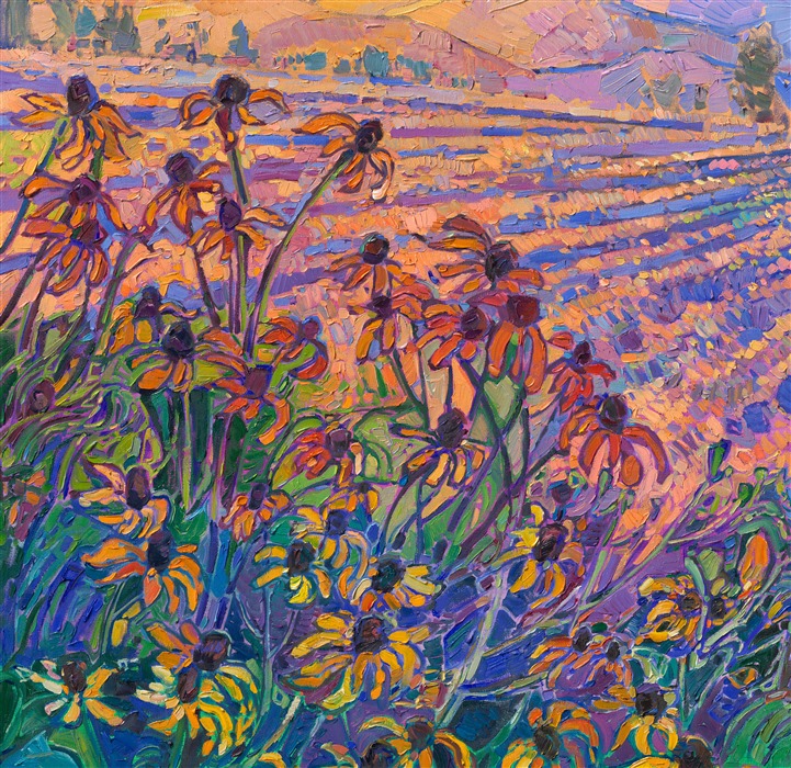 This painting was inspired by a patch of vibrant yellow flowers growing in a field outside my house. The warm colors of late afternoon add a layer of gilding to the landscape, bathing it in a wash of golden light. The painting was created in Erin Hanson's signature Open Impressionism style, with brush strokes laid side-by-side, without layering, creating a painterly and highly textured oil painting.