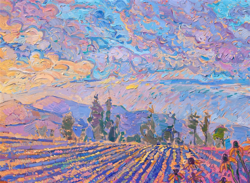 This painting was inspired by a patch of vibrant yellow flowers growing in a field outside my house. The warm colors of late afternoon add a layer of gilding to the landscape, bathing it in a wash of golden light. The painting was created in Erin Hanson's signature Open Impressionism style, with brush strokes laid side-by-side, without layering, creating a painterly and highly textured oil painting.