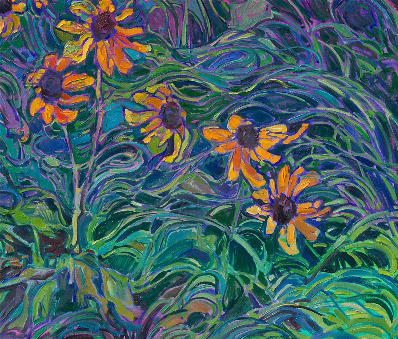This painting was inspired by a patch of vibrant yellow flowers growing in a field outside my house. The warm colors of late afternoon add a layer of gilding to the landscape, bathing it in a wash of golden light. The painting was created in Erin Hanson's signature Open Impressionism style, with brush strokes laid side-by-side, without layering, creating a painterly and highly textured oil painting.