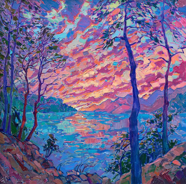 This painting captures the experience of standing atop a rocky mountainside, peering between the madrones to the lake below, watching a brilliant sunset change color minute-by-minute. Each impressionist brush stroke is alive with vibrant color.<br/>