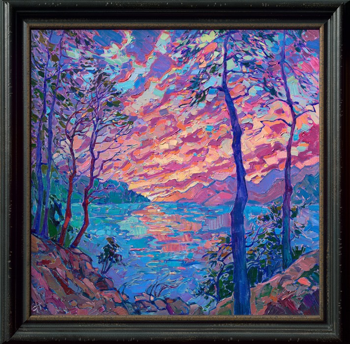 This painting captures the experience of standing atop a rocky mountainside, peering between the madrones to the lake below, watching a brilliant sunset change color minute-by-minute. Each impressionist brush stroke is alive with vibrant color.<br/>