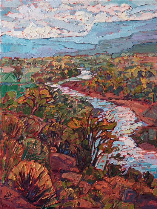 Abiquiu is an idyllic landscape just around the corner from Ghost Ranch, where Georgia O'Keefe painted.  This petite painting captures the grandeur of the New Mexico landscape with loose, expressive brushstrokes, in a contemporary impressionism style.</p><p>This painting was created on 1/8" canvas board, and the painting will be framed in a traditional gold frame.</p><p>This painting will be shown in the <a href="https://www.erinhanson.com/Event/redrock2018" target=_blank"><i>The Red Rock Show</i></a> at The Erin Hanson Gallery, June 16th, 2018.  <a href="https://www.erinhanson.com/Portfolio?col=The_Red_Rock_Show_2018" target="_blank"><u>Click here</u></a> to view the other Red Rock paintings.