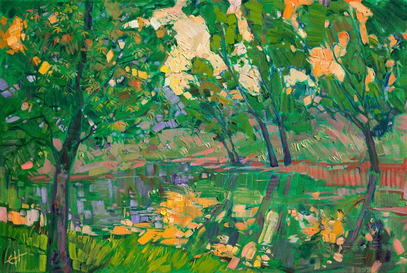 Abstracted light plays through these towering trees, casting brilliantly colored reflections on the still pool of water.  The naturally thick texture of the oil paint jumps from the canvas with energy and life.

This painting was created on museum-depth canvas, with the painting continued around the edges of the stretched canvas. It arrives ready to hang without a frame. (Please contact the artist if you would like information on framing options.)

