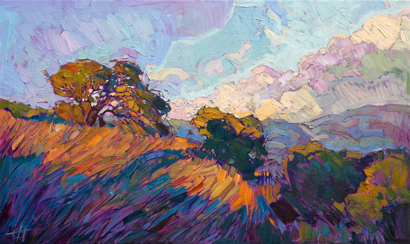 Abstracted shapes of oak trees gather in the dramatic clouds of early dawn, the distant hills captured in fog-drenched color.  The brush strokes are loose and expressive, their painterly effect drawing you into the canvas and inviting you to explore the landscape further.</p><p>This painting was created on gallery-depth canvas, with the painting continued around the edges. This painting does not require framing and arrives ready to hang.</p><p>Exhibited: "Impressions in Oil", Studios on the Park. Paso Robles, CA. 2015