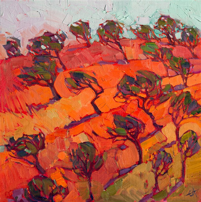 Bands of color bring the landscape of Paso Robles alive with a modern expressionist flair.  The brush stroke are loose and vibrant with texture and color.</p><p>This small oil painting arrives framed and ready to hang.