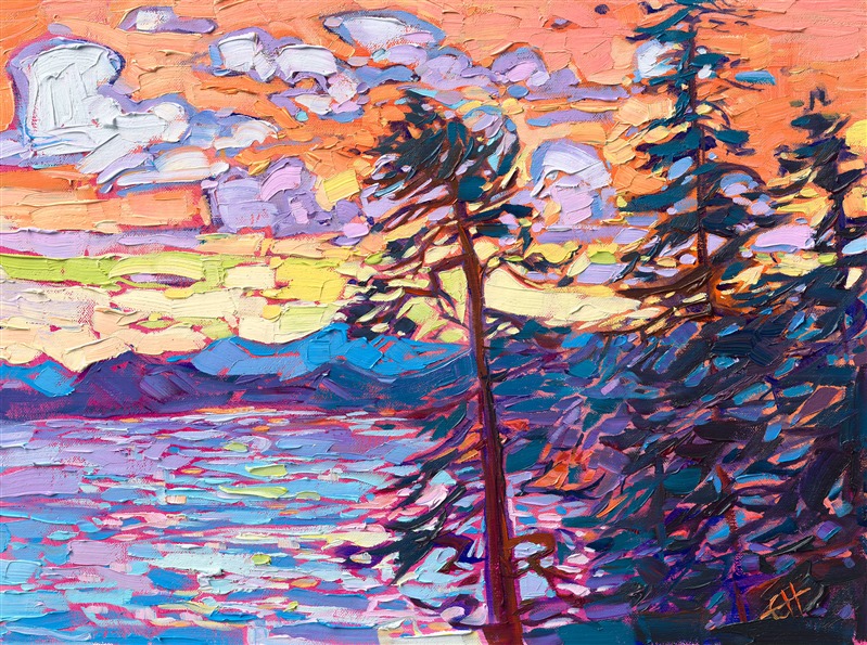 Acadia National Park gleams with brilliant color as dawn approaches. The horizon glimmers with gold and yellow, while lavender clouds glide across the sky.</p><p>"Acadia Pines" is a petite oil painting on linen board. The piece arrives framed in a plein air frame, ready to hang.