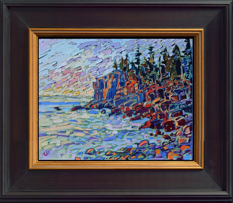 Coming from the West Coast, it was disorienting to see a sunrise coming over the horizon at Acadia National Park in Maine. The angular, rocky cliffs and rounded boulders caught the warm red and orange light of the rising sun.</p><p>"Acadia at Dawn" is an original oil painting on linen board, done in Erin Hanson's signature Open Impressionism style. The piece arrives framed in a wide, mock floater frame finished in black with gold edging.</p><p>This piece will be displayed in Erin Hanson's annual <i><a href="https://www.erinhanson.com/Event/petiteshow2023">Petite Show</i></a> in McMinnville, Oregon. This painting is available for purchase now, and the piece will ship after the show on November 11, 2023.