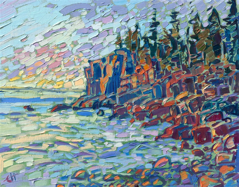 Coming from the West Coast, it was disorienting to see a sunrise coming over the horizon at Acadia National Park in Maine. The angular, rocky cliffs and rounded boulders caught the warm red and orange light of the rising sun.

"Acadia at Dawn" is an original oil painting on linen board, done in Erin Hanson's signature Open Impressionism style. The piece arrives framed in a wide, mock floater frame finished in black with gold edging.

This piece will be displayed in Erin Hanson's annual <i><a href="https://www.erinhanson.com/Event/petiteshow2023">Petite Show</i></a> in McMinnville, Oregon. This painting is available for purchase now, and the piece will ship after the show on November 11, 2023.