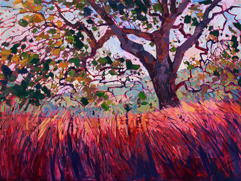 This painting was inspired by a plein air session at Adelaida winery in Paso Robles. This beautiful oak tree stood on the edge of a steep slope that overlooked the distant blue and green hills.