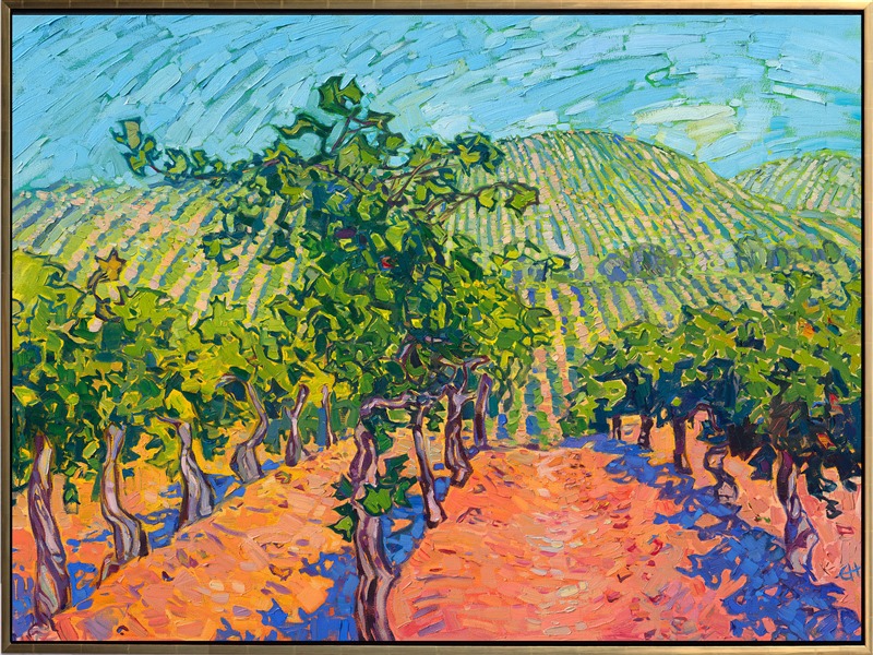 Adelaida vineyards has inspired many paintings by Erin Hanson. Adelaida boasts several factors that make them special: they have the highest point between the coastal range and Paso Robles, letting them see far over any other vineyard, they have the oldest Pino vines, AND they have over a dozen Erin Hanson pieces of artwork hanging in their tasting room.</p><p><b>Please note:</b> This painting will be hanging in a museum exhibition until November 5th, 2023. This piece is included in the show Erin Hanson: Color on the Vine at the Bone Creek Museum of Agrarian Art in Nebraska. You may purchase the painting now, but you will not receive the painting until after the show ends in November 2023.</p><p>"Adelaida Vines" is an original oil painting on stretched canvas. The piece arrives framed in a gold floater frame, ready to hang!