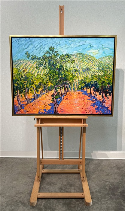 Adelaida vineyards has inspired many paintings by Erin Hanson. Adelaida boasts several factors that make them special: they have the highest point between the coastal range and Paso Robles, letting them see far over any other vineyard, they have the oldest Pino vines, AND they have over a dozen Erin Hanson pieces of artwork hanging in their tasting room.</p><p><b>Please note:</b> This painting will be hanging in a museum exhibition until November 5th, 2023. This piece is included in the show Erin Hanson: Color on the Vine at the Bone Creek Museum of Agrarian Art in Nebraska. You may purchase the painting now, but you will not receive the painting until after the show ends in November 2023.</p><p>"Adelaida Vines" is an original oil painting on stretched canvas. The piece arrives framed in a gold floater frame, ready to hang!