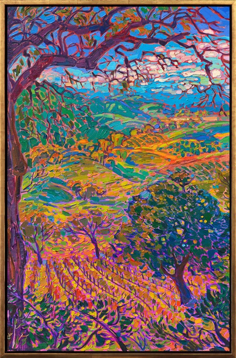 Adelaida Winery has a beautiful view of the Paso Robles valley and surrounding vineyards. The ancient oak trees create a feeling of seclusion, while at the same time you can stretch your eyes far across the landscape. The brush strokes in this painting are loose and impressionistic, capturing the beautiful color of late afternoon.</p><p>"Adelaida Vista" is an original oil painting of Paso Robles wine country, created in Hanson's signature Open Impressinoism style. The painting arrives framed in a contemporary gold floater frame, ready to hang.