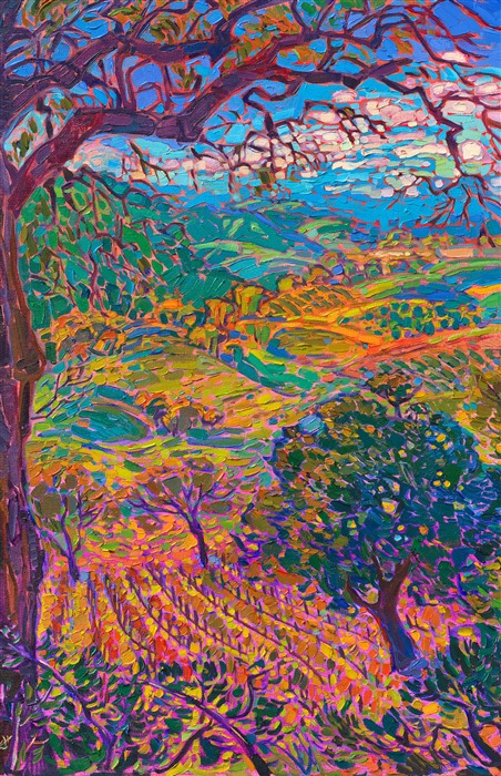 Adelaida Winery has a beautiful view of the Paso Robles valley and surrounding vineyards. The ancient oak trees create a feeling of seclusion, while at the same time you can stretch your eyes far across the landscape. The brush strokes in this painting are loose and impressionistic, capturing the beautiful color of late afternoon.</p><p>"Adelaida Vista" is an original oil painting of Paso Robles wine country, created in Hanson's signature Open Impressinoism style. The painting arrives framed in a contemporary gold floater frame, ready to hang.