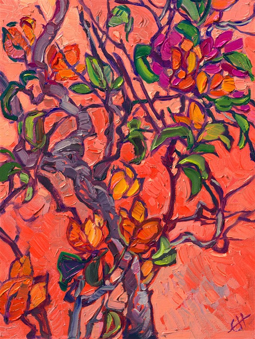 I visited San Miguel de Allende in Mexico this summer. I loved the colors in this town--rich, royal hues of blue, marigold, and coral. This purple and orange bougainvillea caught my eye; the orange blooms against the adobe wall were striking. This painting captures the scene with impasto strokes of oil paint in my Open Impressionism style.

This painting is included in Erin's 2025 annual <a href="https://www.erinhanson.com/portfolio?col=the-petite-show-2025"><i>Petite Show</i></a>. The exhibition will be on display at The Erin Hanson Gallery in McMinnville, Oregon, for one day only, Saturday, November 8th. All are welcome to join us for the <a href="https://www.erinhanson.com/Event/petiteshow2025">Artist Reception</a>.