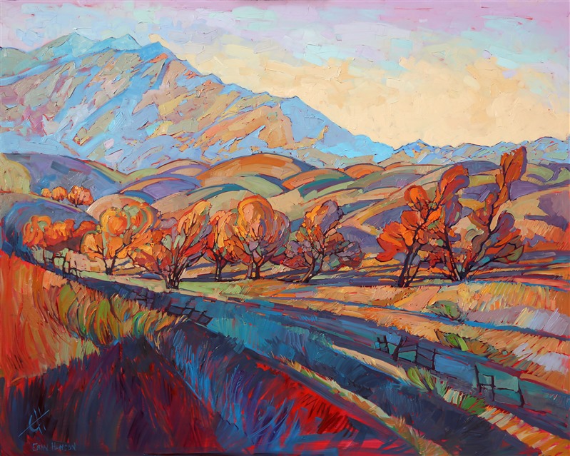 Buttery, edible colors and thick impasto paint strokes capture the feel "after autumn" of California's wine country. The unique abstract shapes of the trees interplay with the rolling hills and distant mountain peaks.