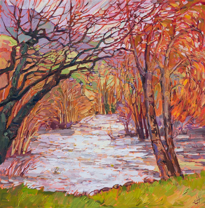 After the recent rains on the west coasts, streams that used to be trickling are now gushing with a wealth of water. This painting captures an orchard valley in southern Oregon with vivid color and thick brush strokes.