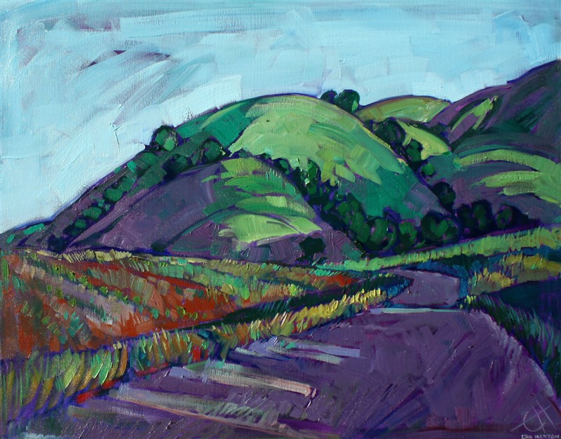 Purple is the quintessential partner to spring green colors. These long purple shadows dance across the curving surface of this Paso Robles landscape.