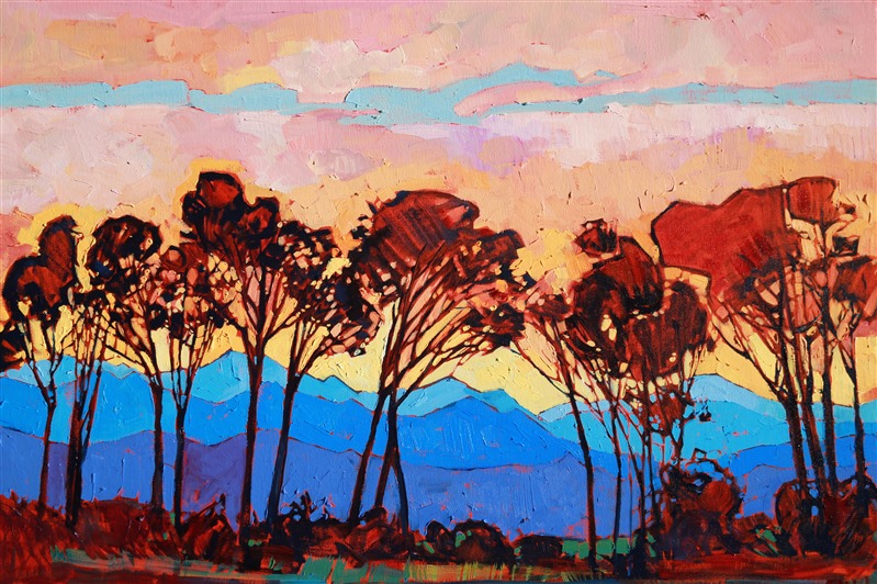 Brilliant blue mountains are dramatized in this oil painting, the subtle alizarin shadows bringing out the colors in the landscape.
