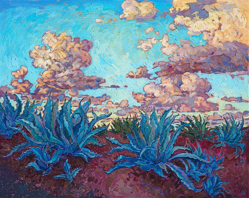Dramatic clouds move over the agave-planted earth, glowing with color in the fading light of day. The thick, impasto brush strokes are loose and impressionistic, capturing the movement of the scene.</p><p>This painting was created on 1-1/2" canvas, with the painting continued around edges. It will arrive framed in a custom-made, gold floater frame.
