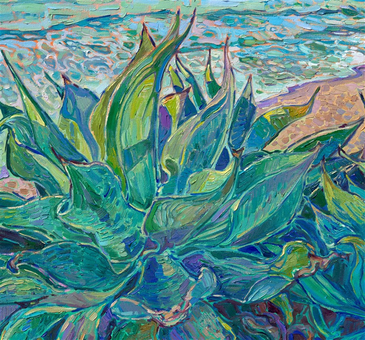 Santa Barbara has a beautiful stretch of Pacific coastline with white sand beaches, lined with colorful boulders, shaggy palm trees, and aqua-colored agave plants. This painting by Erin Hanson captures these agaves with loose, expressive brushstrokes and a joyful expression of color.