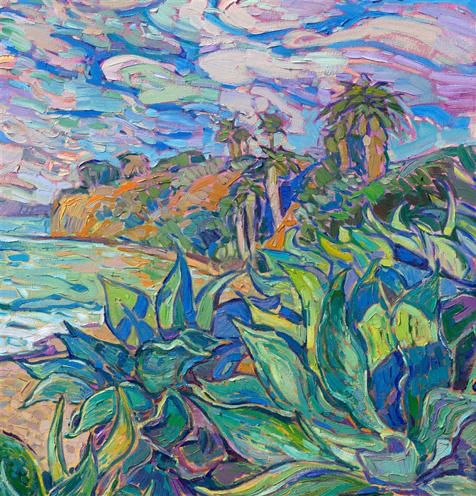 Santa Barbara has a beautiful stretch of Pacific coastline with white sand beaches, lined with colorful boulders, shaggy palm trees, and aqua-colored agave plants. This painting by Erin Hanson captures these agaves with loose, expressive brushstrokes and a joyful expression of color.