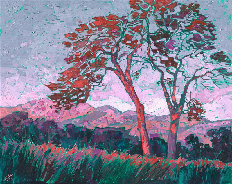 Warm morning hues of alizarin bathe the beautiful wine country region of Mariposa, just west of Yosemite. This painting was created using a limited palette of viridian and alizarin crimson. The brush strokes are loose and impressionistic, giving a sense of energy and life to the painting.

This painting is being sold on consignment.

"Alizarin Dawn" was created on 1-1/2" canvas, with the painting continued around the edges of the canvas. The piece is presented in a 23kt gold floater frame.