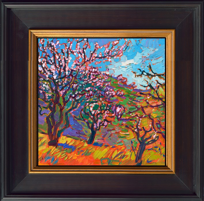 The rare almond blossom in Paso Robles, California, blooms with beautiful, pale pink flowers in the springtime. The thick, impressionist brush strokes are alive with expressive color and motion.</p><p>"Almond Blossom" is an original oil painting on linen board. The piece arrives framed in a custom plein air frame, ready to hang.