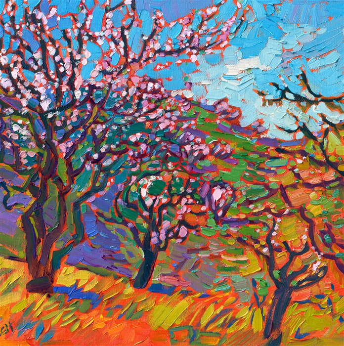 The rare almond blossom in Paso Robles, California, blooms with beautiful, pale pink flowers in the springtime. The thick, impressionist brush strokes are alive with expressive color and motion.</p><p>"Almond Blossom" is an original oil painting on linen board. The piece arrives framed in a custom plein air frame, ready to hang.
