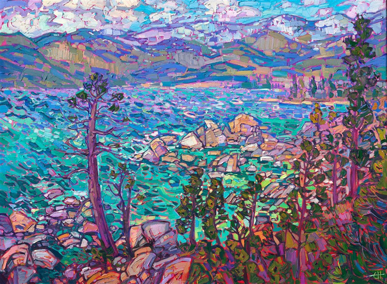 Lake Tahoe is captured in alpine hues of turquoise and ultramarine blue. The clear waters are a beautiful contrast to the warm pink and yellow boulders that encircle the lake. Each brush stroke is placed with a vivacious, expressive sense of motion and joy.</p><p>"Alpine Blues" is an original oil painting on stretched canvas. The piece arrives framed in a contemporary gold floater frame, ready to hang.