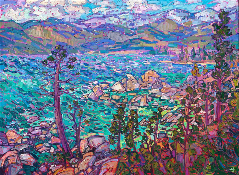 Lake Tahoe is captured in alpine hues of turquoise and ultramarine blue. The clear waters are a beautiful contrast to the warm pink and yellow boulders that encircle the lake. Each brush stroke is placed with a vivacious, expressive sense of motion and joy.

"Alpine Blues" is an original oil painting on stretched canvas. The piece arrives framed in a contemporary gold floater frame, ready to hang.