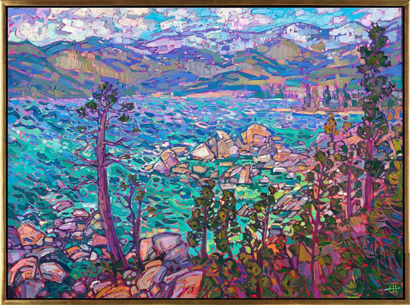 Lake Tahoe is captured in alpine hues of turquoise and ultramarine blue. The clear waters are a beautiful contrast to the warm pink and yellow boulders that encircle the lake. Each brush stroke is placed with a vivacious, expressive sense of motion and joy.</p><p>"Alpine Blues" is an original oil painting on stretched canvas. The piece arrives framed in a contemporary gold floater frame, ready to hang.