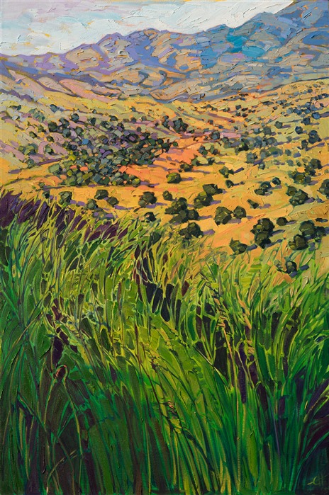 A rainbow of hues ranges down the sloping hillsides of Big Bend Country near Apline, TX. The verdant landscape is alive with changing colors and textures, captured here in a loose, impressionistic style.

This painting will be on display at the Museum of the Big Bend, during the solo exhibition <i><a href="https://www.erinhanson.com/Event/MuseumoftheBigBend" target="_blank">Erin Hanson: Impressions of Big Bend Country.</a></i> This painting will be ready to ship after January 10th, 2019. <a href="https://www.erinhanson.com/Portfolio?col=Big_Bend_Museum_Show_2018">Click here</a> to view the collection.

This painting has been framed in a custom-made gold frame. The painting arrives ready to hang.