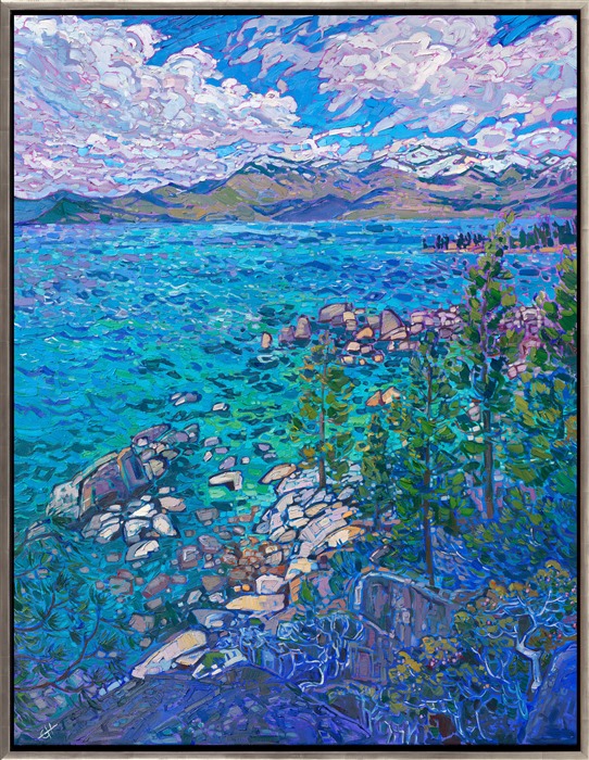 The startling aquamarine colors of Lake Tahoe glimmer in the summer afternoon. The impressionistic brush strokes capture the depth and beauty of the alpine waters. The rich blue hues are a beautiful contrast against the white granite boulders that surround the lake.</p><p>"Alpine Tahoe" is an original oil painting on stretched canvas. The piece arrives framed in a silver floater frame, ready to hang.