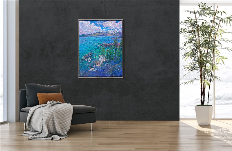 The startling aquamarine colors of Lake Tahoe glimmer in the summer afternoon. The impressionistic brush strokes capture the depth and beauty of the alpine waters. The rich blue hues are a beautiful contrast against the white granite boulders that surround the lake.</p><p>"Alpine Tahoe" is an original oil painting on stretched canvas. The piece arrives framed in a silver floater frame, ready to hang.