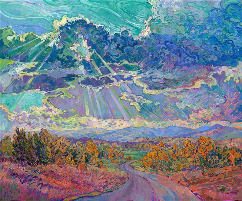 Rolling clouds hang low over the horizon, parting for the long rays of late afternoon sun to streak through and illuminate the ground below. The pathway leads you into the painting, into a world of beauty and light brought to life with thick, impasto brush strokes of oil paint. 

Erin Hanson creates her Open Impressionism paintings using only five colors, and she tries not to overlap her brushstrokes, getting the painting "right the first time." The underpainting peeks out between the brush strokes, creating a mosaic, or stained glass, look to her paintings. This large painting will be displayed at "The Colossal Collection" at The Erin Hanson Gallery in August, 2025.